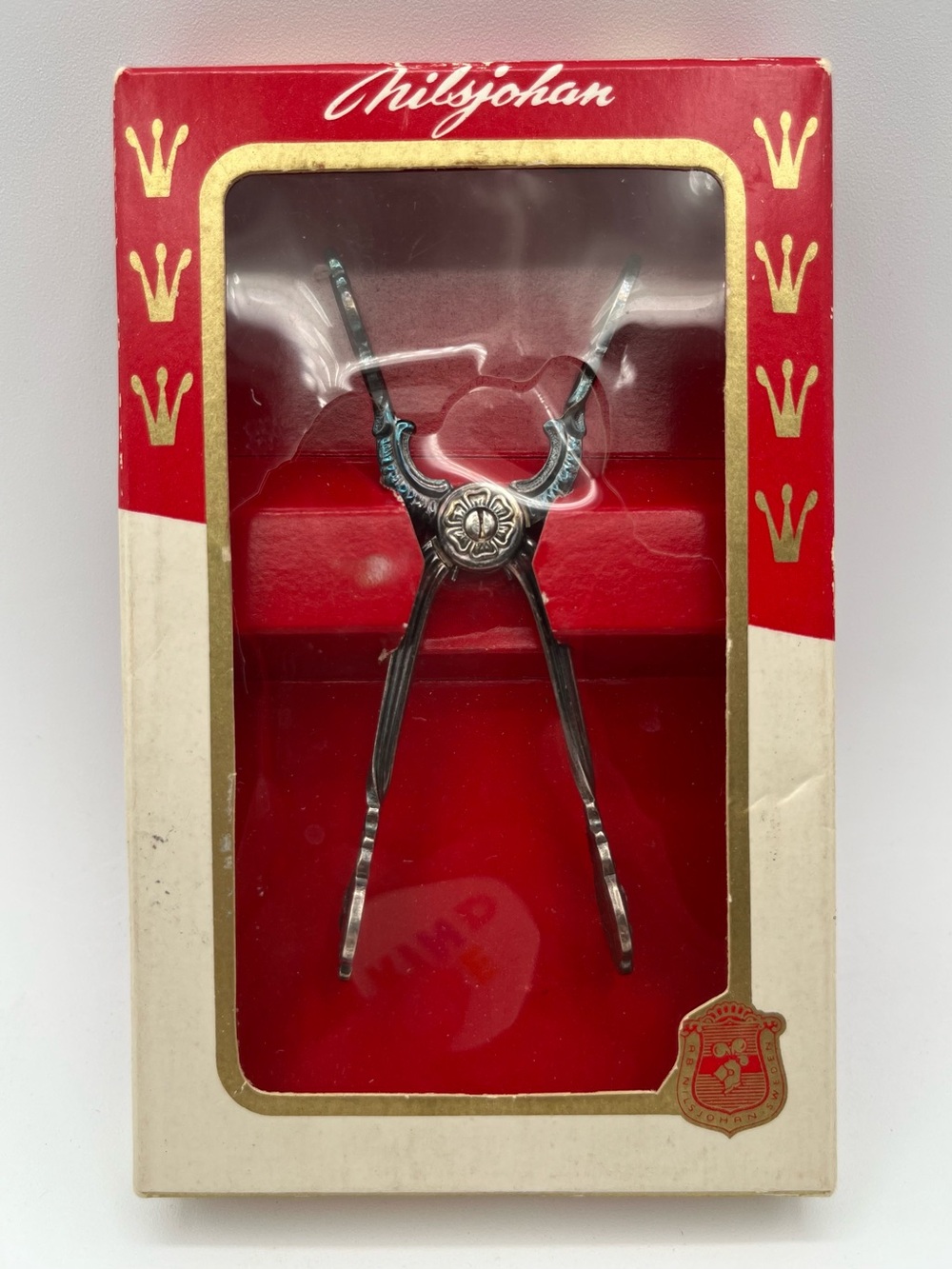 Vintage AB NILS-JOHAN Small Hinged Sugar Cube Ice Tidbit Tongs MCM Original Box